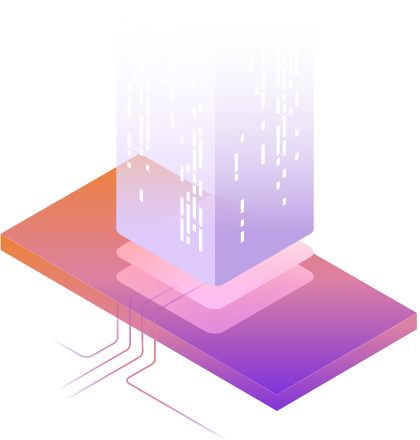 Tall cube with digital texture on top of a 3D rectangle